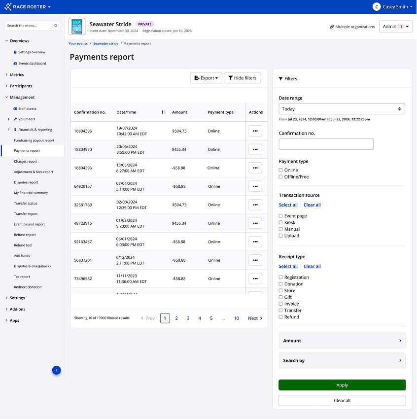 After state of the payment report filter design, showing organised filter-based configuration with collapsible filters